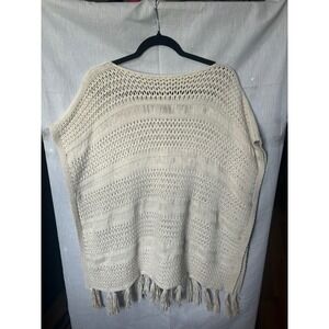 J. Jill Womens Cream Open Knit Tassel Fringe Poncho Sweater Top XS/S Ivory Boho